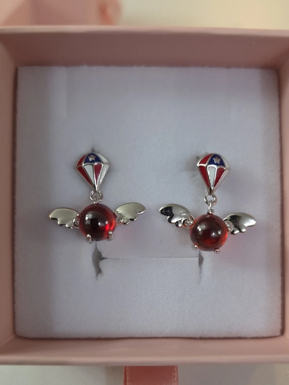 Silver Winged Red Glass Drop Earrings with Enamel Accents, Pearl Time Jewelry